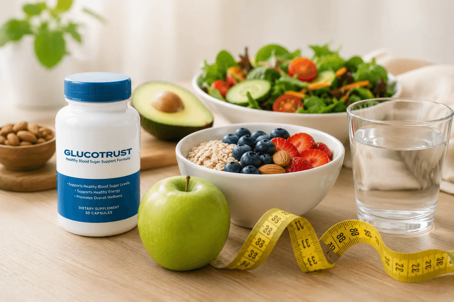 Healthy foods including fresh fruits, vegetables, nuts, and water supporting balanced nutrition.